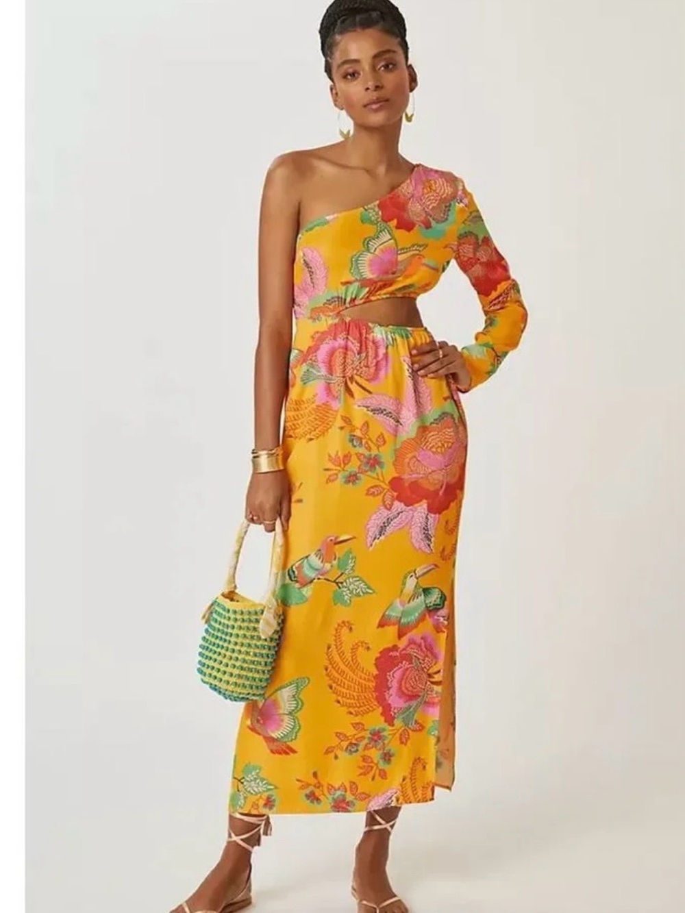 FARM Rio Yellow One-Shoulder Floral Cutout Maxi Dress